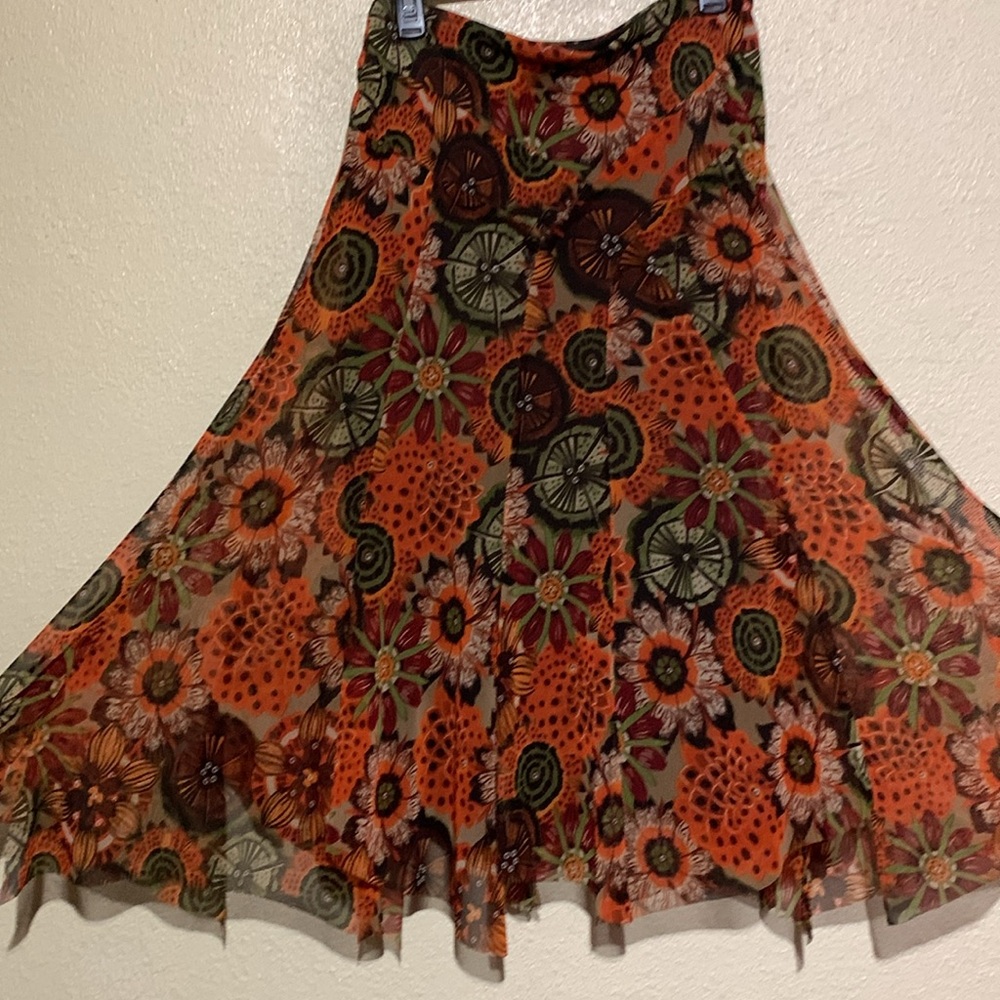 Tribal Skirt S Brown Red Orange Green Floral Mesh Like Shell Pull On Stretchy - Picture 7 of 16